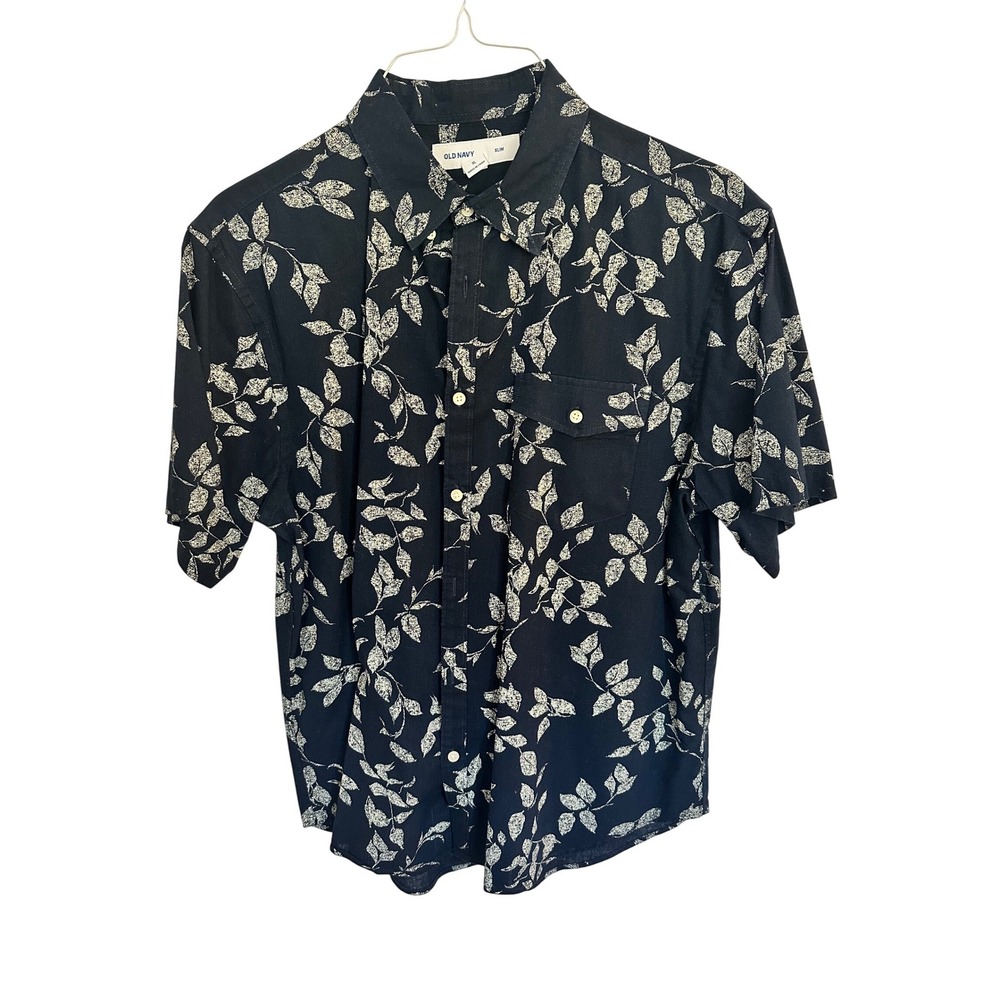 Old Navy Shirt Mens XL Navy Blue Slim SS Linen Leaf Print Button Down 202952-01